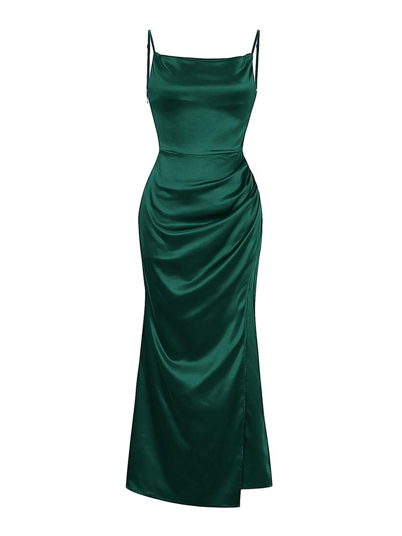 Elegant Solid Satin High Split Dress with Thin Straps, Ruffled Design, Perfect for Special Occasions and Night Out
