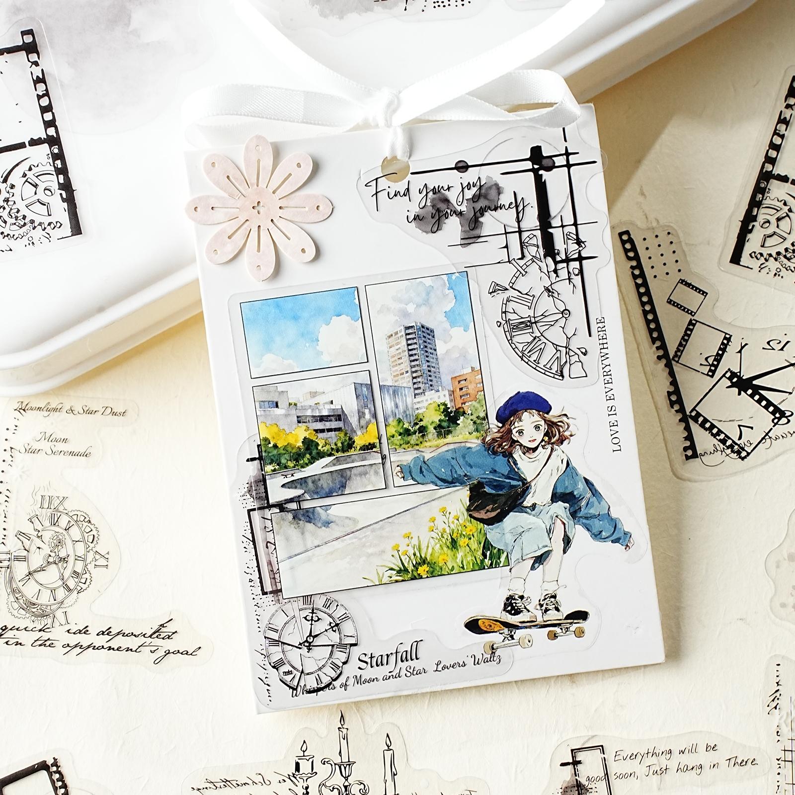 Etori Life 30Pcs Vintage Black and White Clock Film Phrase Stickers Light Retro Journal Decoration Stickers for Laptops, Phone Stickers, Suitcases, Office Decoration Accessories, Guitars, Photo Albums, DIY Crafts, Room Decoration, Card Making