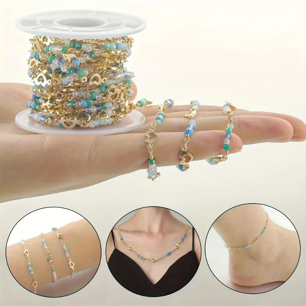 1m/39.37Inch Hollow Heart Copper Chain with Colorful Millet Beads Jewelry Chain, Suitable for Necklaces, Bracelets, Leg Chains, Collarbone Chains Decorative Chains, Bohemian Additions