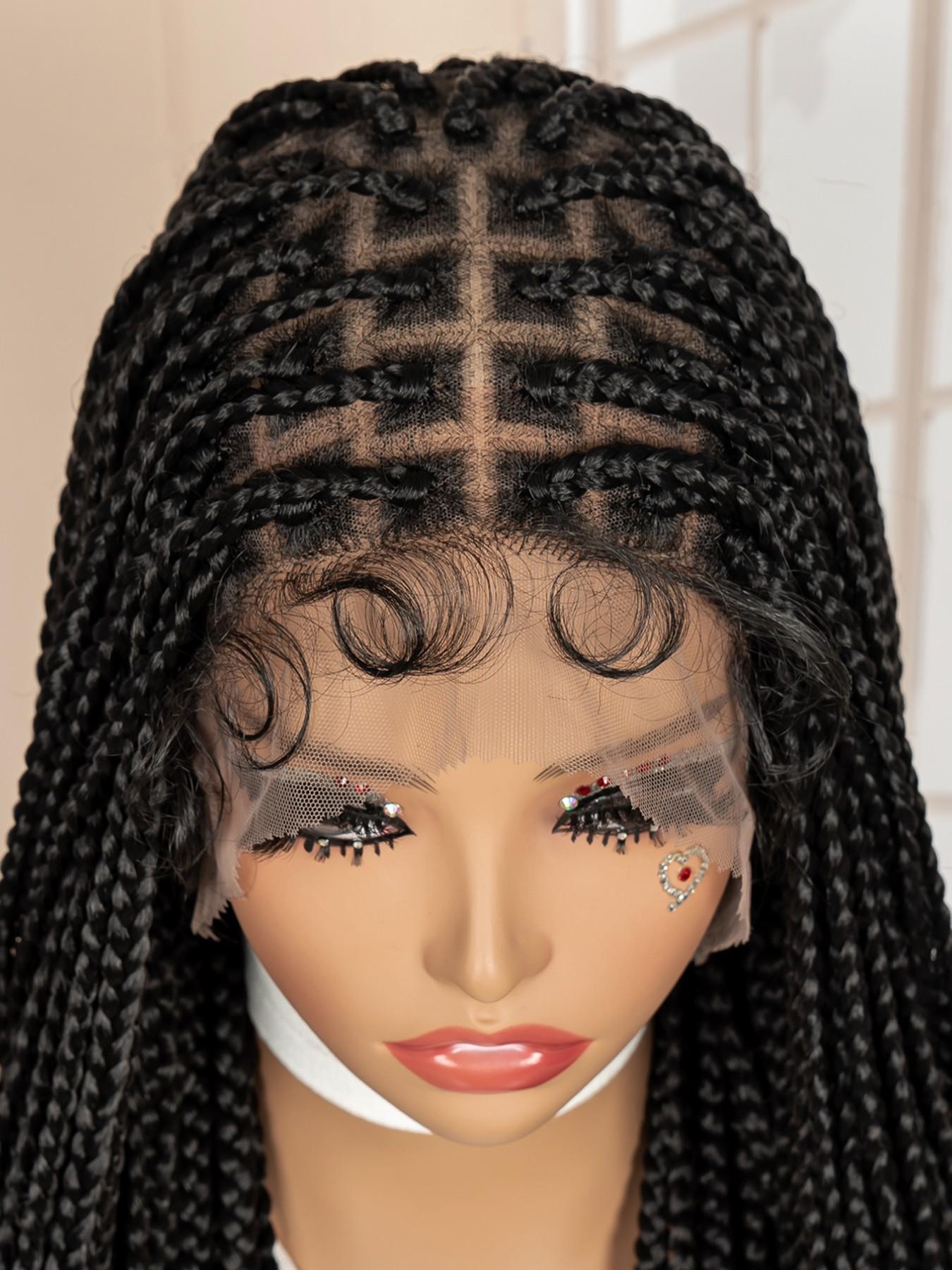 36 Inch Full Lace Box Braided Wig for Women, Pre-Plucked Natural Hairline, Knotless Braids, Handmade Extra Long Cornrow Braids with Baby Hair