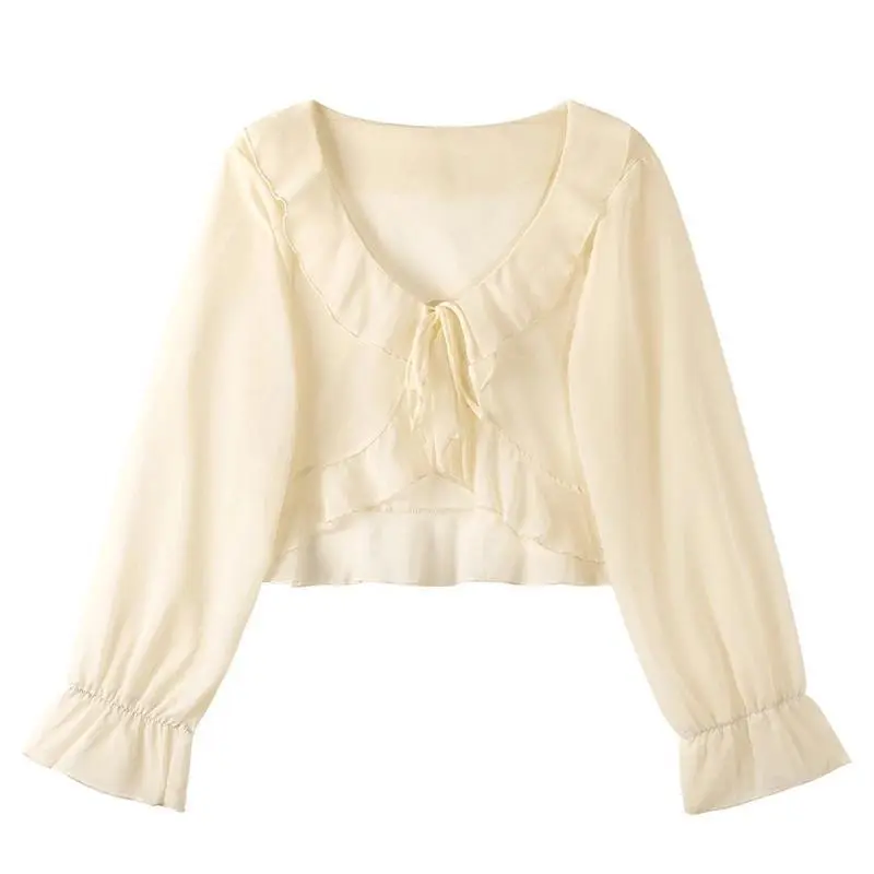 Women Bell Sleeve Flyaway Blouse Tie Front Ruffled Chiffon Crop Tops Bolero Teen-girl Sheer Cover Up Fairycore Femme Boho Outfit