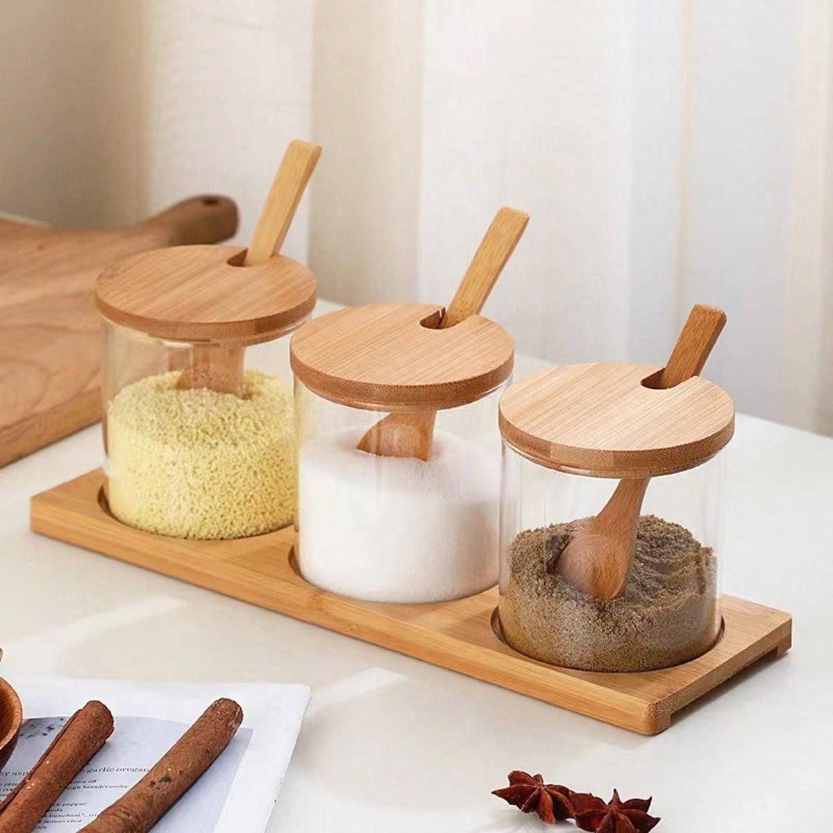 Glass Spice Containers Set with Wooden Base, Includes Spoon, Ideal for Storing Spices Salt Sugar, Kitchen Storage Organizer