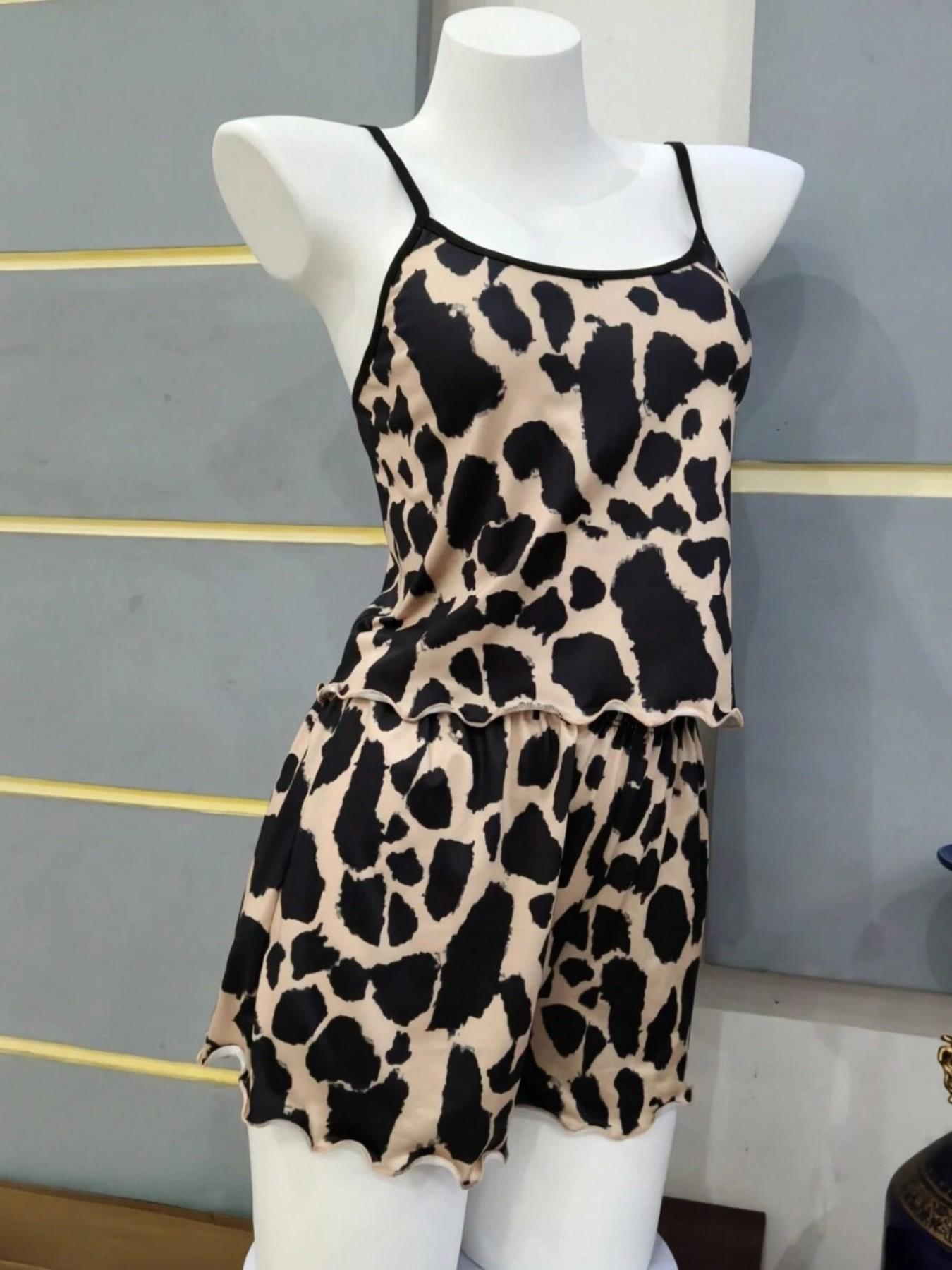 Summer Strapless Leopard Print Fashion Sleeveless Set, Elastic Waist Design, Slimming Effect, Casual Wear, Two-Piece