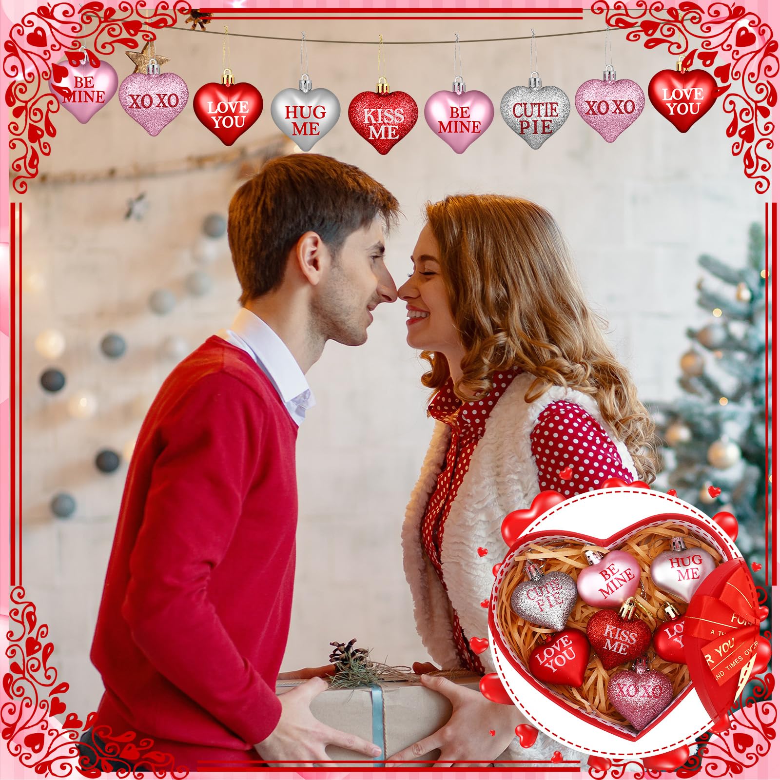 60 Pcs Valentine's Day Heart Shaped Hanging Ornaments with Love Letter for Valentines Tree Birch Tree, Red Pink Silver Glitter Heart Baubles Romantic Atmosphere Valentines Decor for Tabletop Bedside Bedrooms Room Mantle Birthday Wedding Party Home Decor