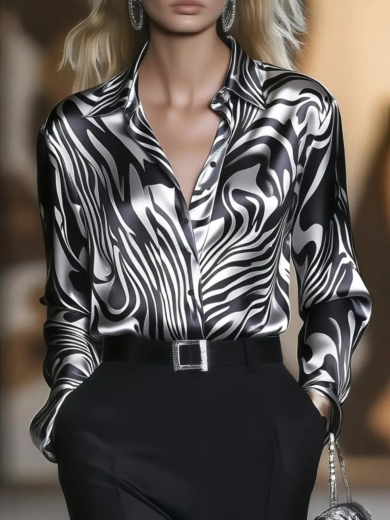 Elegant Satin Zebra Print Fitted Long Sleeve Blouse Shirts for Women, Spring & Fall Fashion, Stylish Ladies' Top, Comfortable and Chic Design
