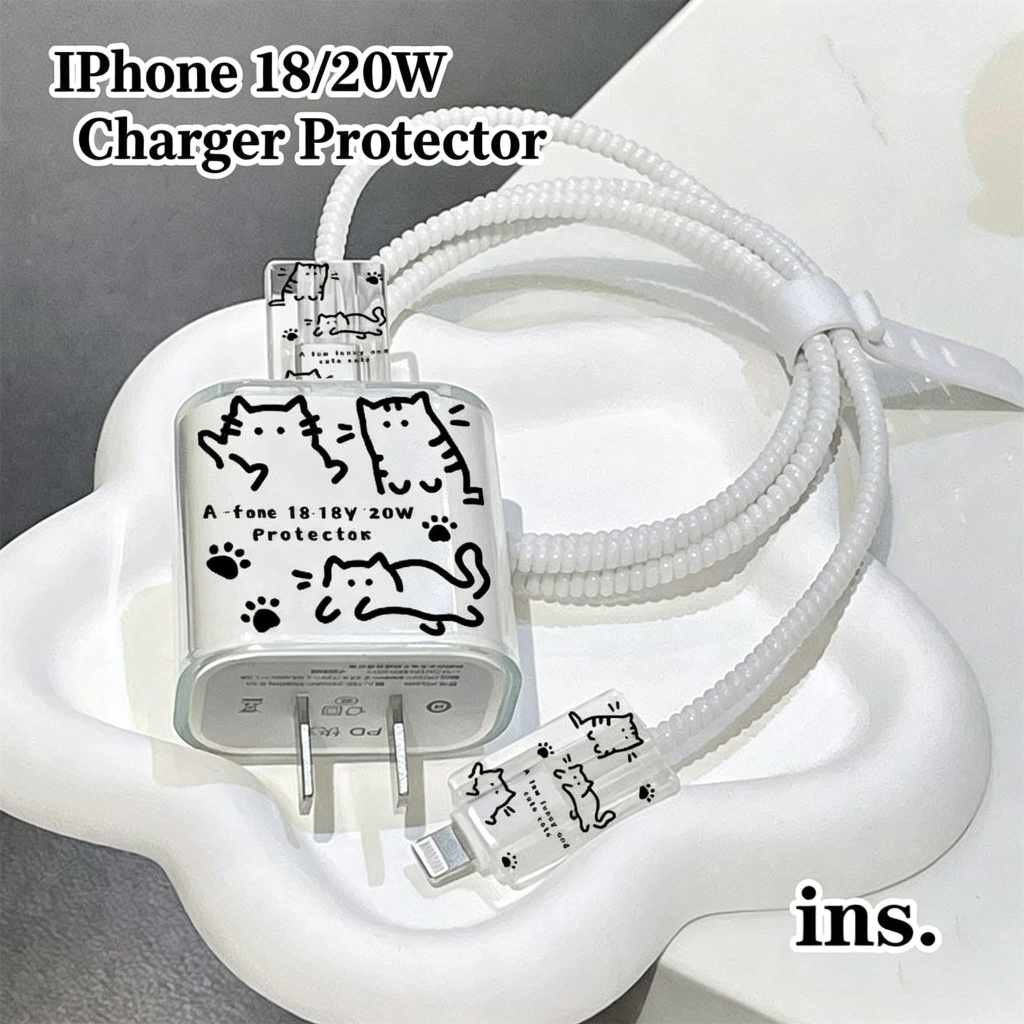 Cute Cat Charger Protection Set, Transparent Case with Paw Print Design, Spiral Cable Protector, iPhone 18w 20w PD Charging Accessories