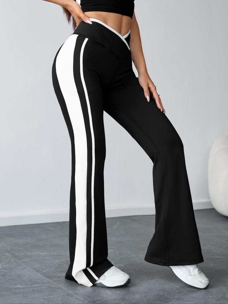 Women's Colorblock Yoga Flare Pants, Gym Sportswear Bottoms, Knitted Fleece Casual Long Pants for Fall Winter, Ladies Fashion Clothing