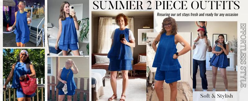 SCUSTY Women's Two Piece Outfit Cotton Matching Set  A-Line Sleeveless Tank Tops and High-Waist Shorts with Pockets