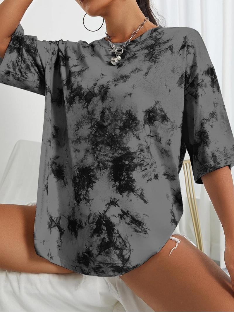 Women's Tie-Dye Loose Fit Drop Shoulder Short Sleeve T-Shirt, Street Style Sporty Top, Casual Fashion Tee for Daily Wear