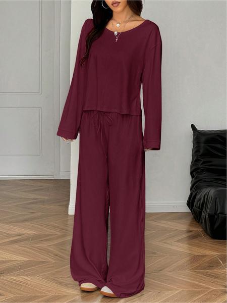 Women's 2 Piece Matching Lounge Set Off The Shoulder Long Sleeve Top and Drawstring Wide Leg Pants Casual Sweatsuit