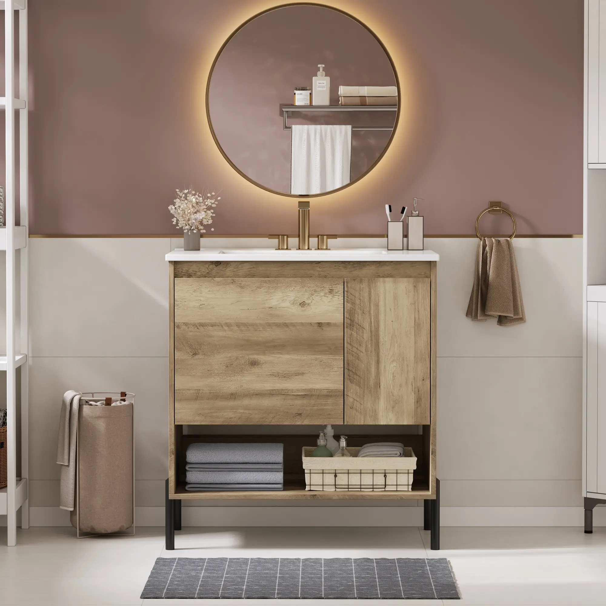 Nokaa 30" Modern Wood Bathroom Vanity Cabinet with Ceramic Basin Sink Top, Sliding Drawer, Soft-Closing Door & Open Shelf – Single Sink Storage for Bathroom, Natural Wood Finish