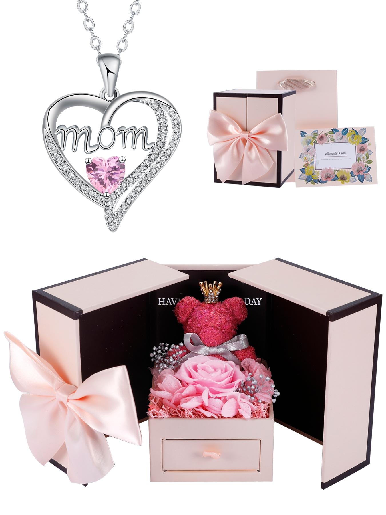 Apple Shape Rose Jewelry Gift Box With Love Heart Mom Pendant Necklace, Anniversary Birthday Jewelry First Mom Gifts for Women Wife, Mother's Day Jewelry Gift for Mom Heart Design Necklace