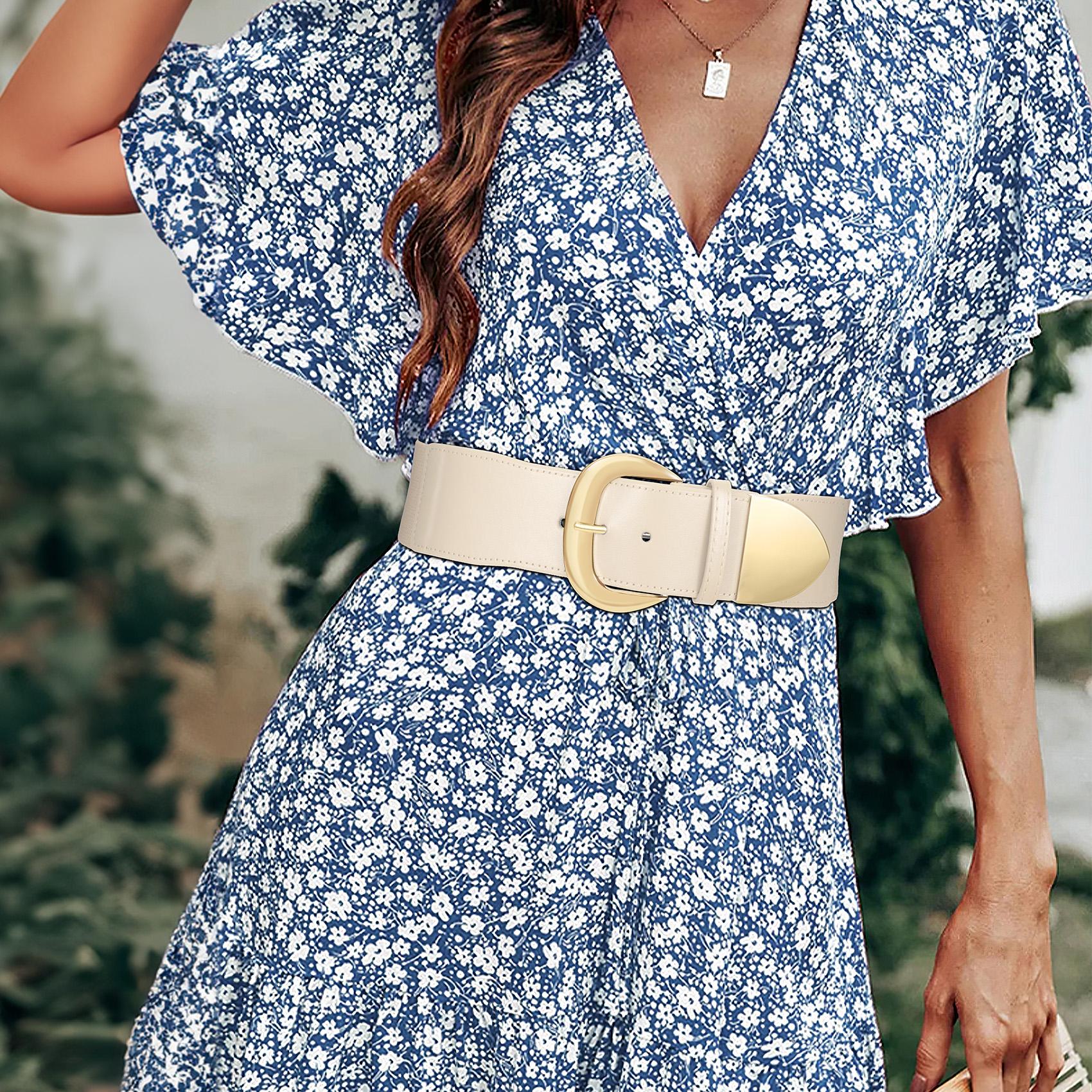 SUOSDEY Women Wide Elastic Waist Belt for Dresses Fashion Gold Buckle Stretchy Leather Waistband for Ladies