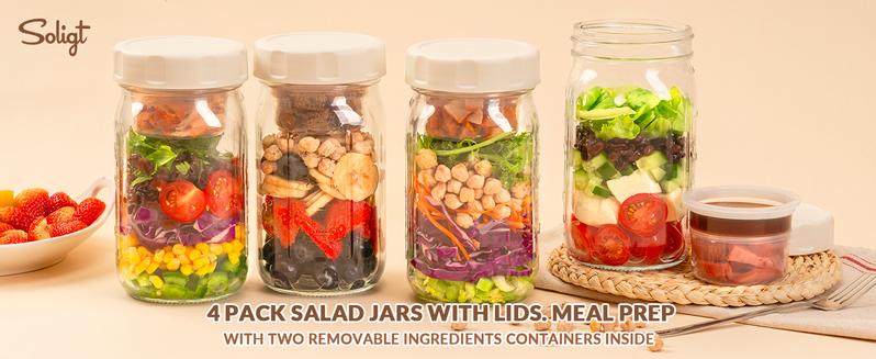 SOLIGT Glass Salad Jars with Lids, 4 Pack 32oz, Leakproof Container for Lunch - Two Small Built-in Boxes with Wet/Dry Separation for Salad Dressing and Dry Ingredients, Mason Jars for Meal Prep Christmas Gift Ideas