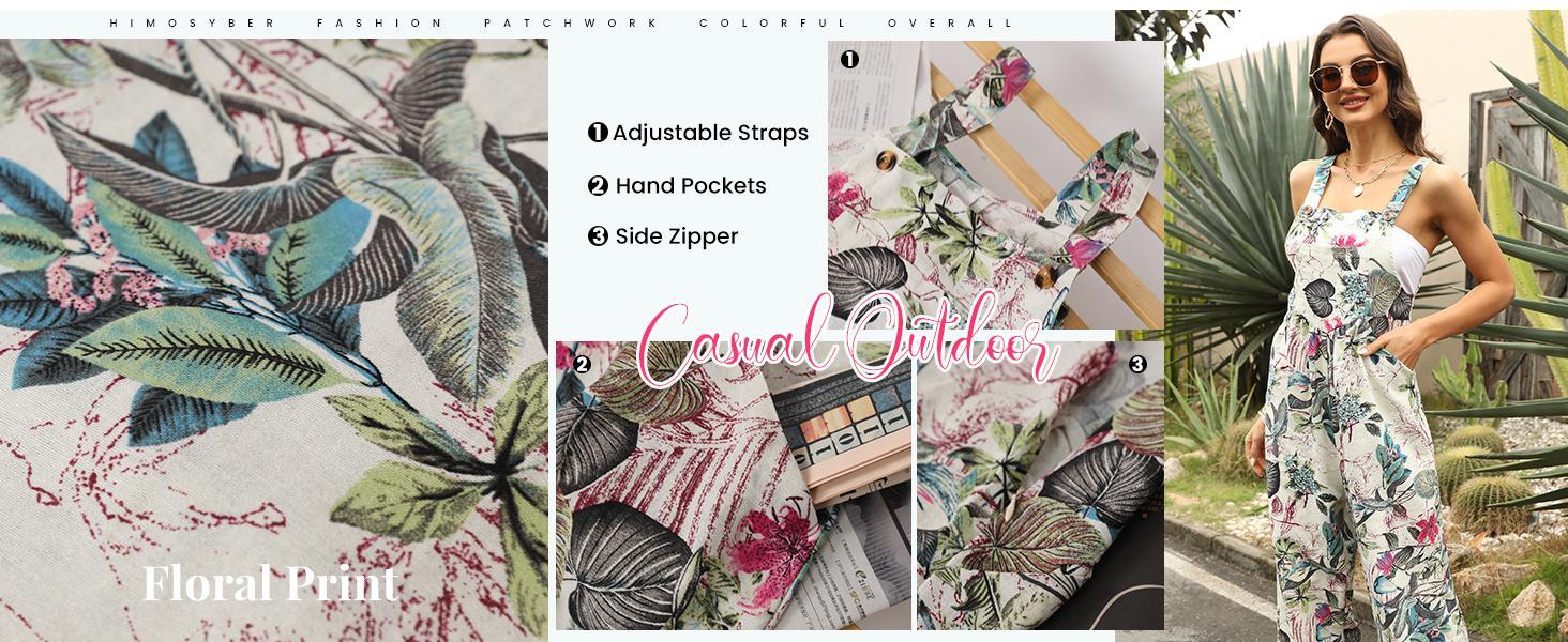 JovenPara Women's Patchwork Dual Pocket Jumpsuit Loose Floral Print Bohemian Wide Leg Bib Overall Womenswear Wideleg Strap Sleeveless