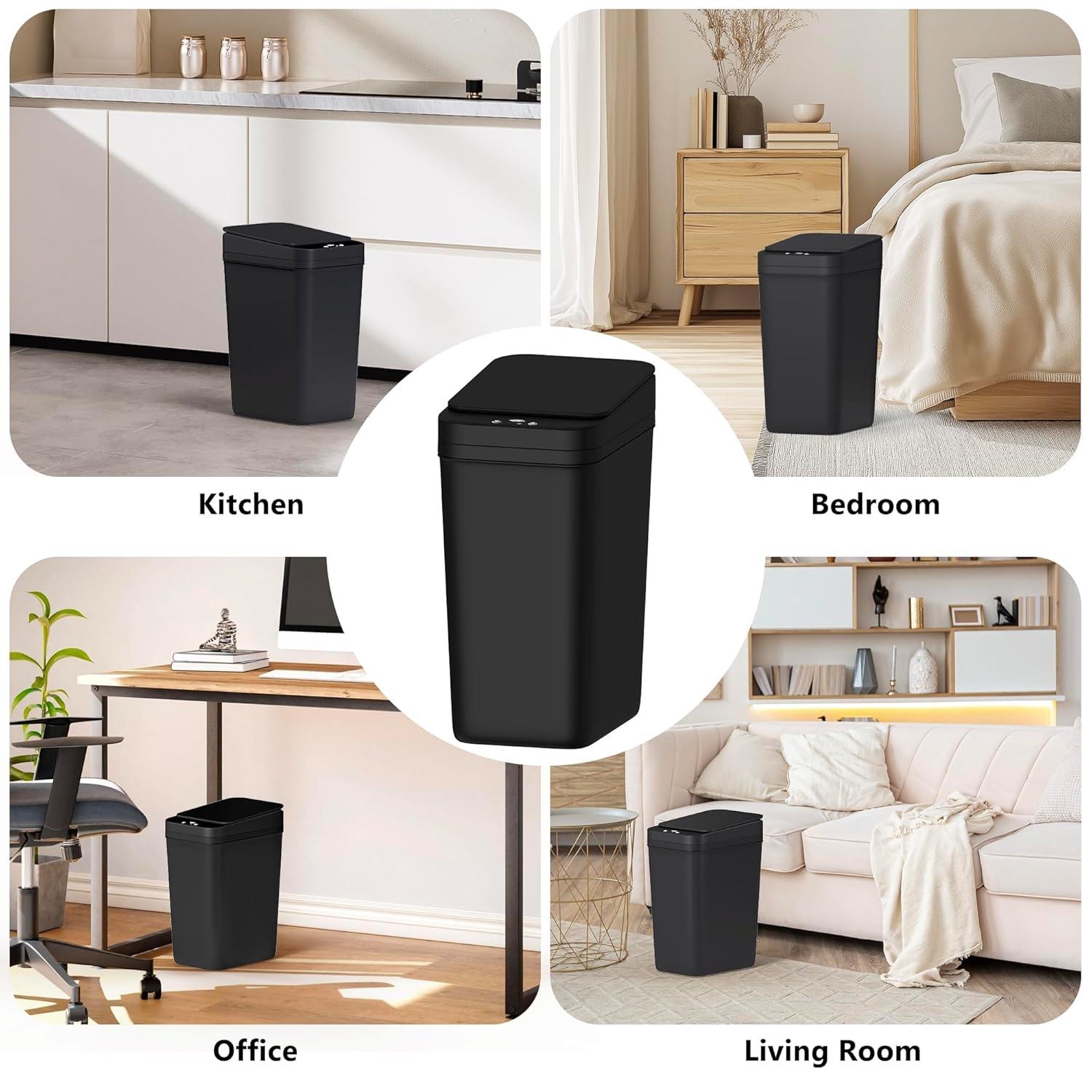 1-3 Pack Black Automatic Small Bathroom Trash Can with Lid —— 3.1 Gallon Touch-Free Intelligent Garbage Bin, Touchless Trash Can with Motion Sensor, Slim Dog-Proof Wastebasket, Plastic Wastebasket for Bedroom, Office, Kitchen