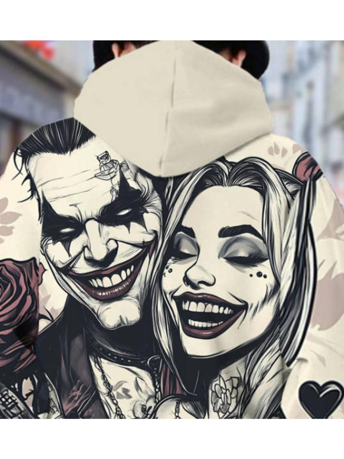 Men's Hooded Sweatshirt, Warner Collaboration, Joker Harley Quinn Print, Casual Fitted Sweatshirt, Fall Winter Fashion, Graphic Hooded Sweatshirt