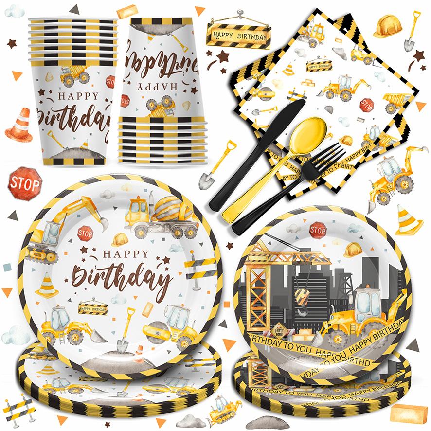 168pcs Construction Truck Birthday Party Supplies，Gathering Tractor Dump Truck Tableware Set With Paper Plates ,Cups And Napkins，Knives, Forks, Spoons For 24 Guest