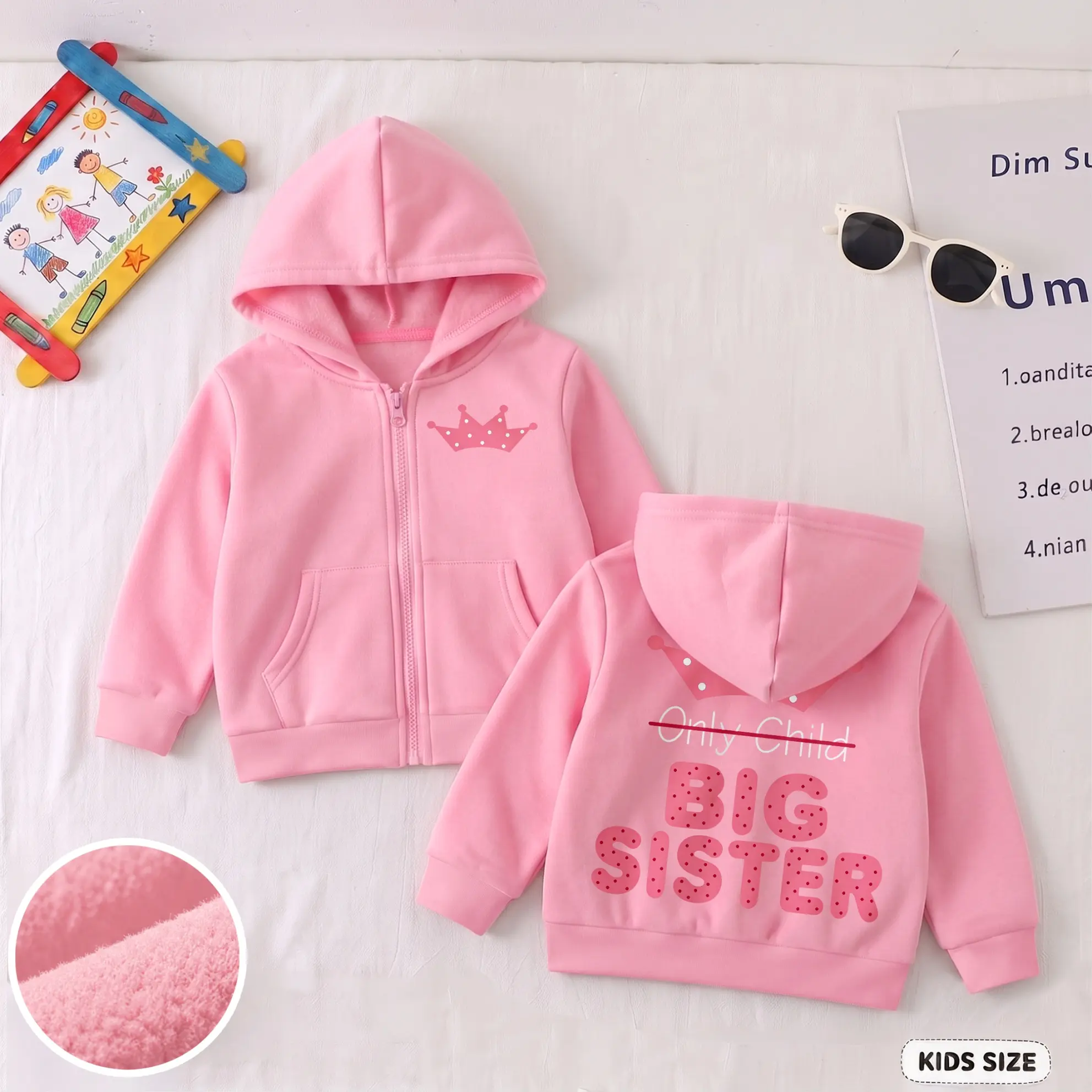 Girls Cute Crown Graphic Zip Up Hoodie, Big Sister Print Sweatshirt Jacket, Soft Warm Casual Outerwear for Kids Fall Winter