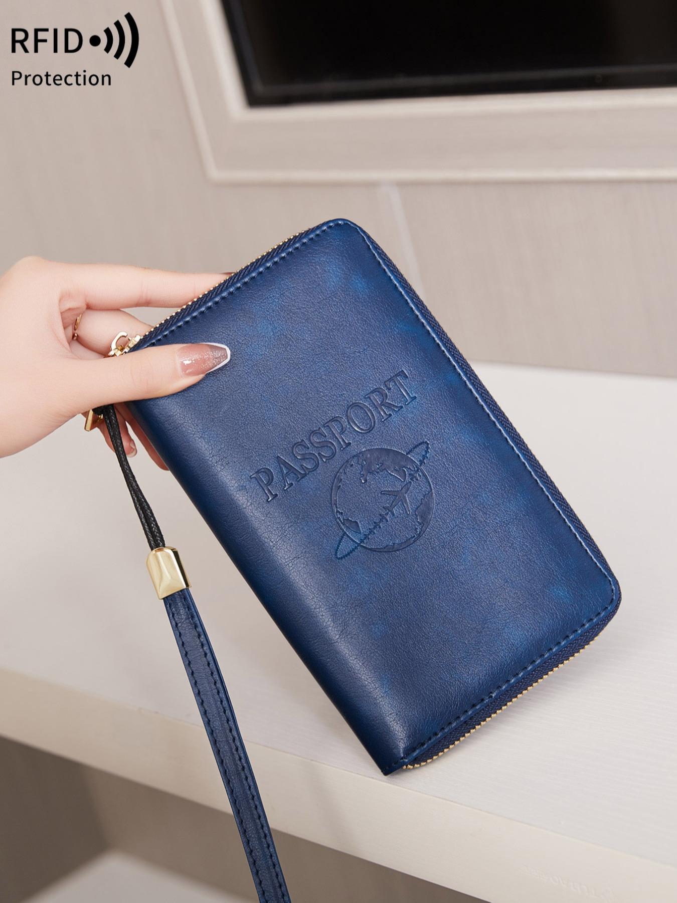 Letter Pattern Embossed Passport Holder, Summer 2025 New Arrival Multi-functional Portable Airplane Pattern Ticket Clip, Pu Leather Credit Card Travel Zipper Wallet with Wrist Strap, Travel Essential