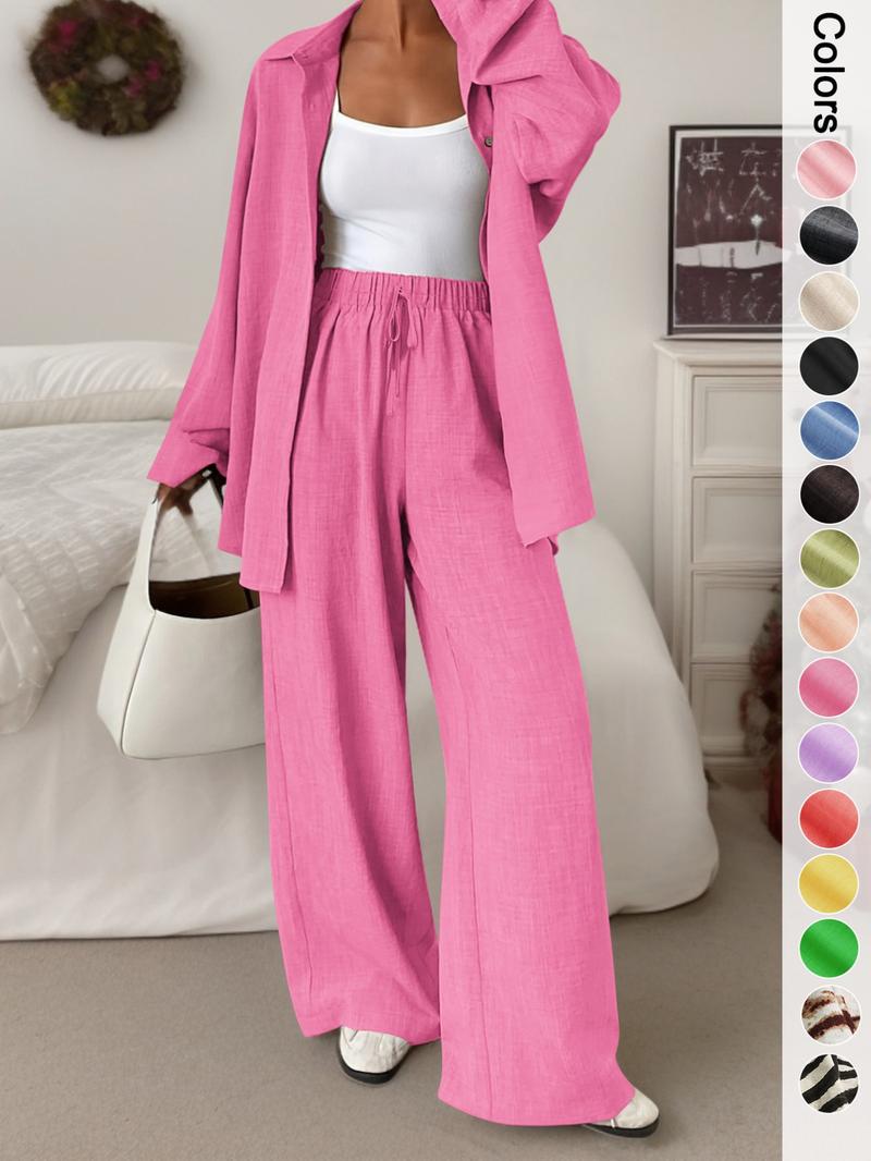 Women's Casual Sporty Shirt Long Pants Set, Loose Button-Up Top Wide Leg Pants Two-Piece Set, Comfortable and Stylish