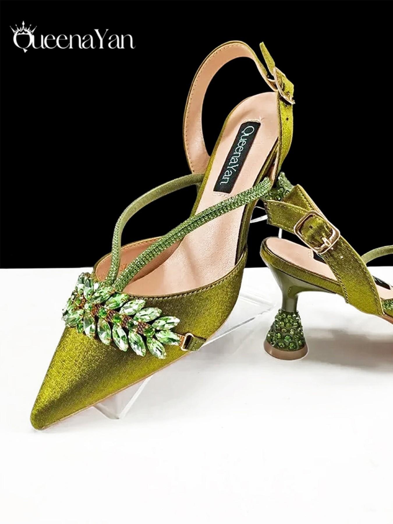 2026 Party New Italian Style High Heels with Bag, Style, Pointed Toe, Metal Decor, Rhinestone Accent, Elegant Olive Color, Women's High Heels