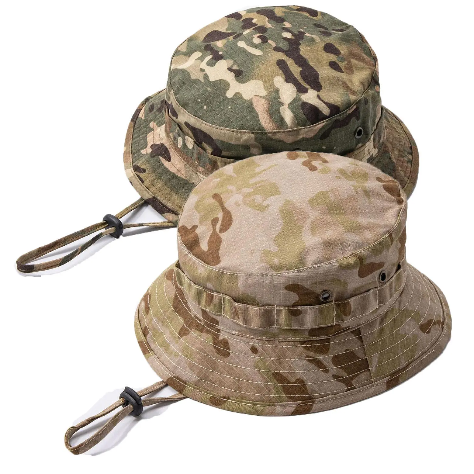 Men's 2-Pcs Tactical Camo Boonie Sports Outdoor Hat - Python Sand, Wide Brim Sun Protection, Breathable Ripstop Fabric, Adjustable Chin Strap, Camo Pattern, Ventilation Holes, Tactical Accessories for Hunting/Fishing