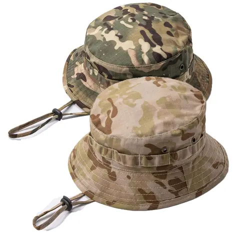 Men's 2-Pcs Tactical Camo Boonie Sports Outdoor Hat - Python Sand, Wide Brim Sun Protection, Breathable Ripstop Fabric, Adjustable Chin Strap, Camo Pattern, Ventilation Holes, Tactical Accessories for Hunting/Fishing