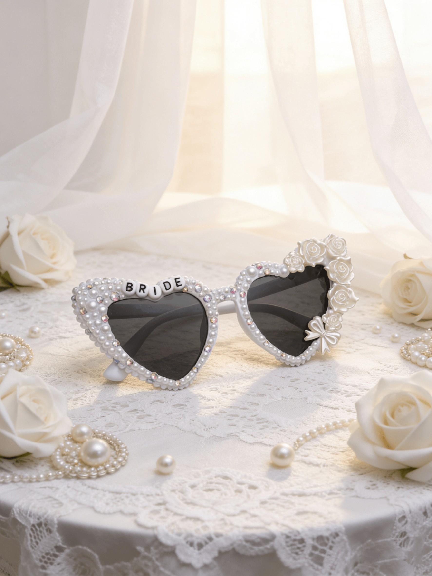 Elegant Bridal Sunglasses with Heart and Rose Design, Luxury Fashion Accessory for Wedding Photos, Ideal Gift for Bride