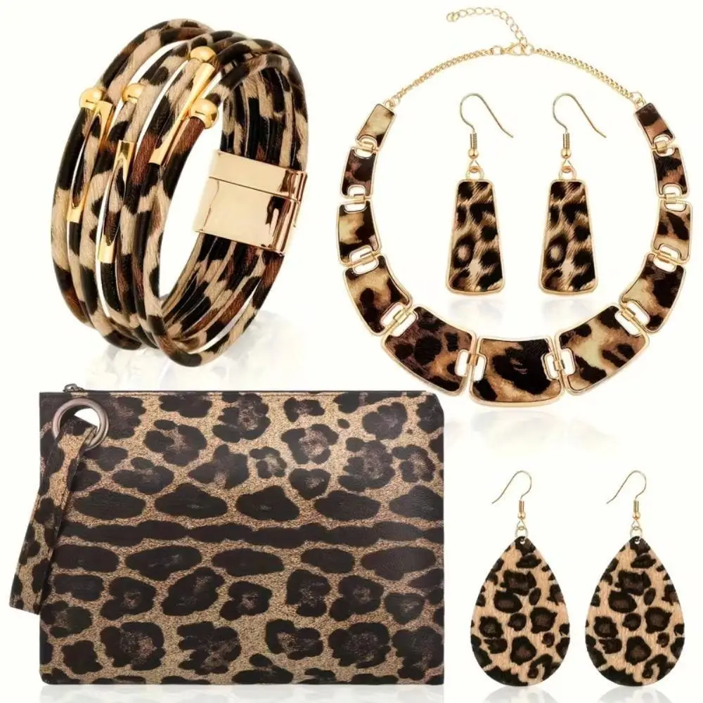 Retro Leopard Print Alloy Jewelry Set - 3/4/5-Piece Collection with Necklaces, Earrings & Bracelets, Ideal for Parties & Sporty Protective Gear Gifting