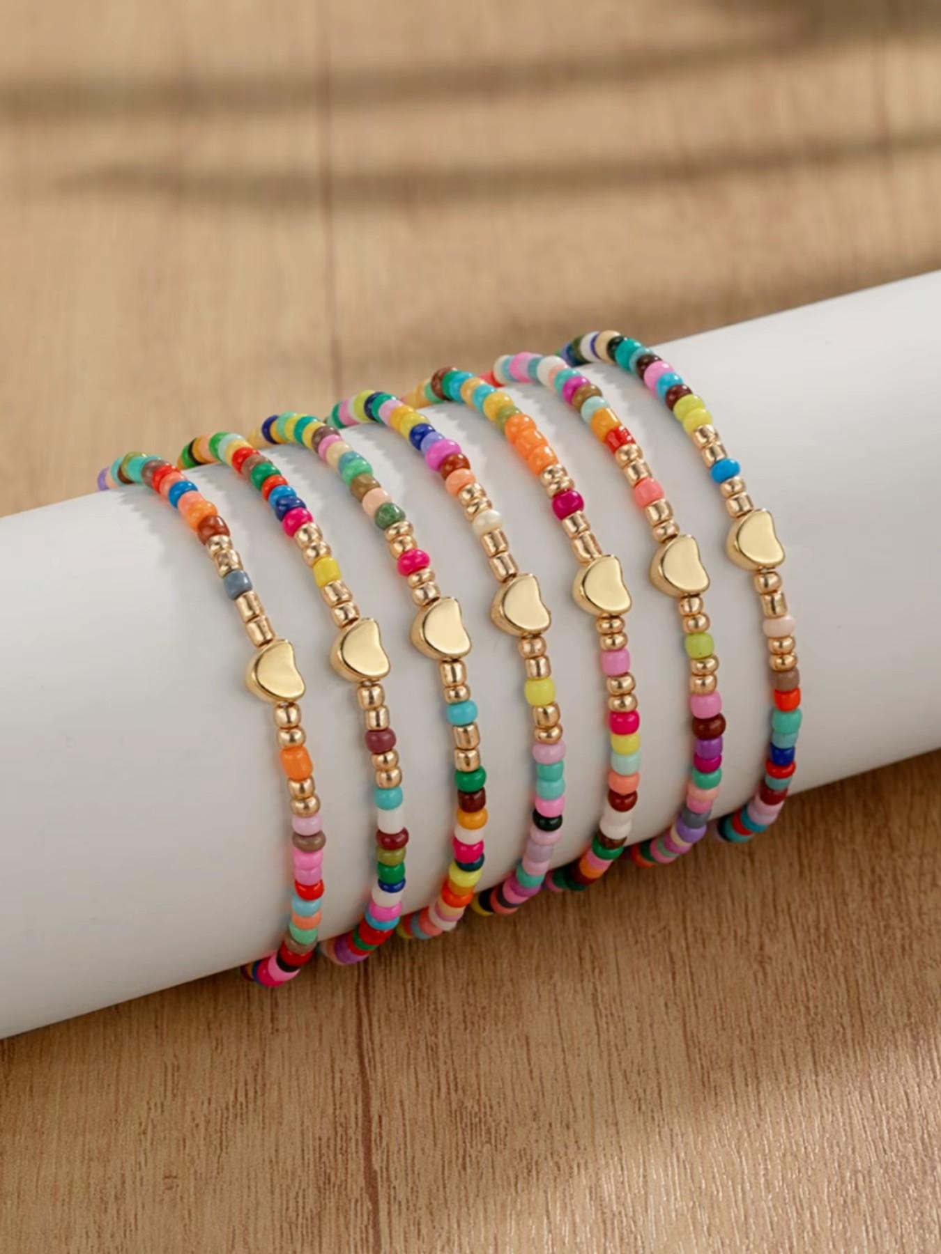 Colorful Rainbow Beaded Bracelet Set with Gold Heart Charm | Y2K Aesthetic Stackable Bracelets for Women | Summer Beach Friendship Jewelry Gift