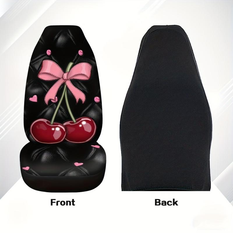 Two-piece cherry design, pink bow on a black background for the front seat cover. Perfect for individual front car seats. It is a practical gift suggestion for vehicle operators and owners.