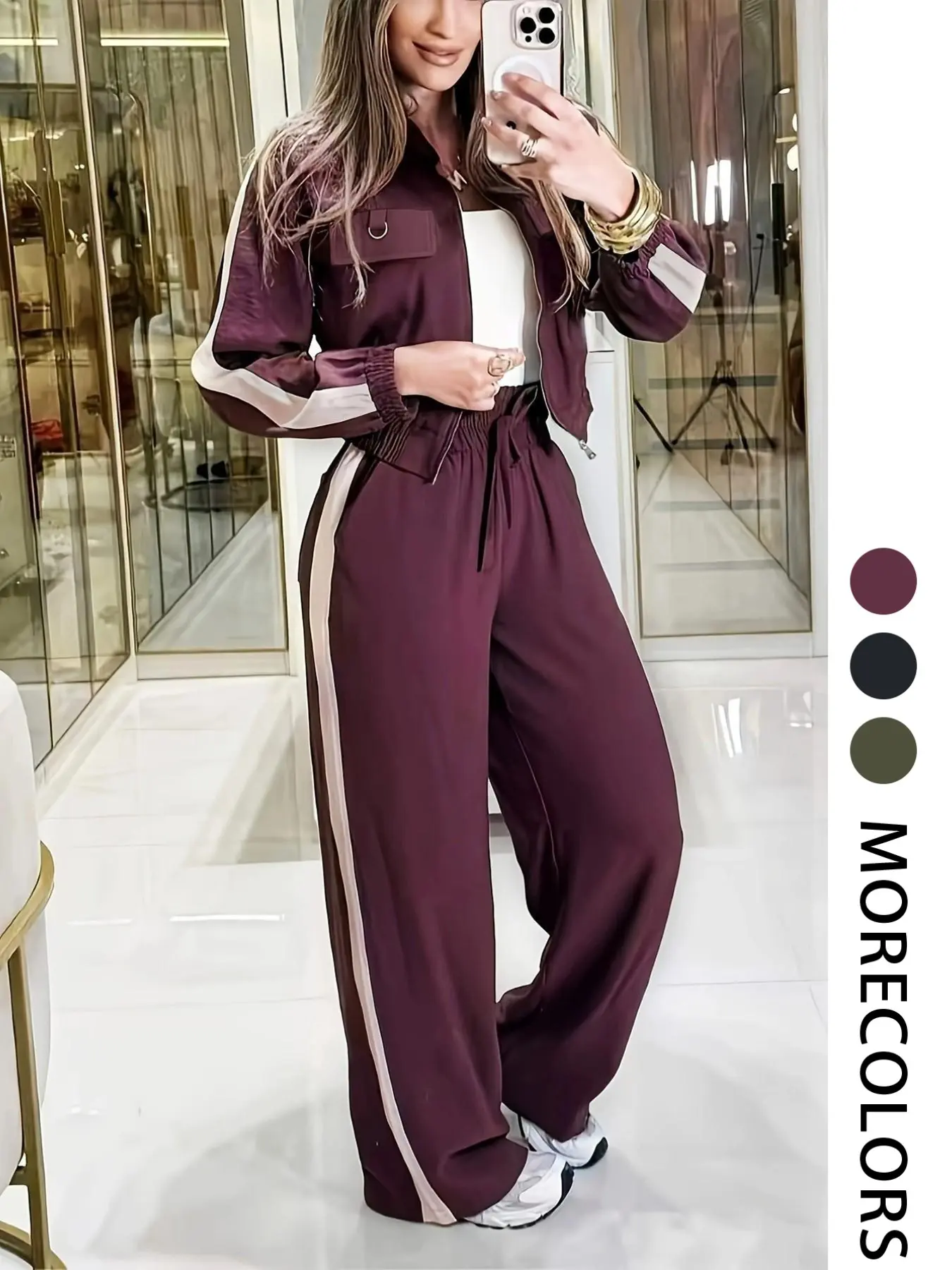 Casual Women's Two-Piece Set, Short Zipper Jacket and High Waist Pants, Comfortable Stylish Regular Fit Outfit, Ideal for Daily Wear
