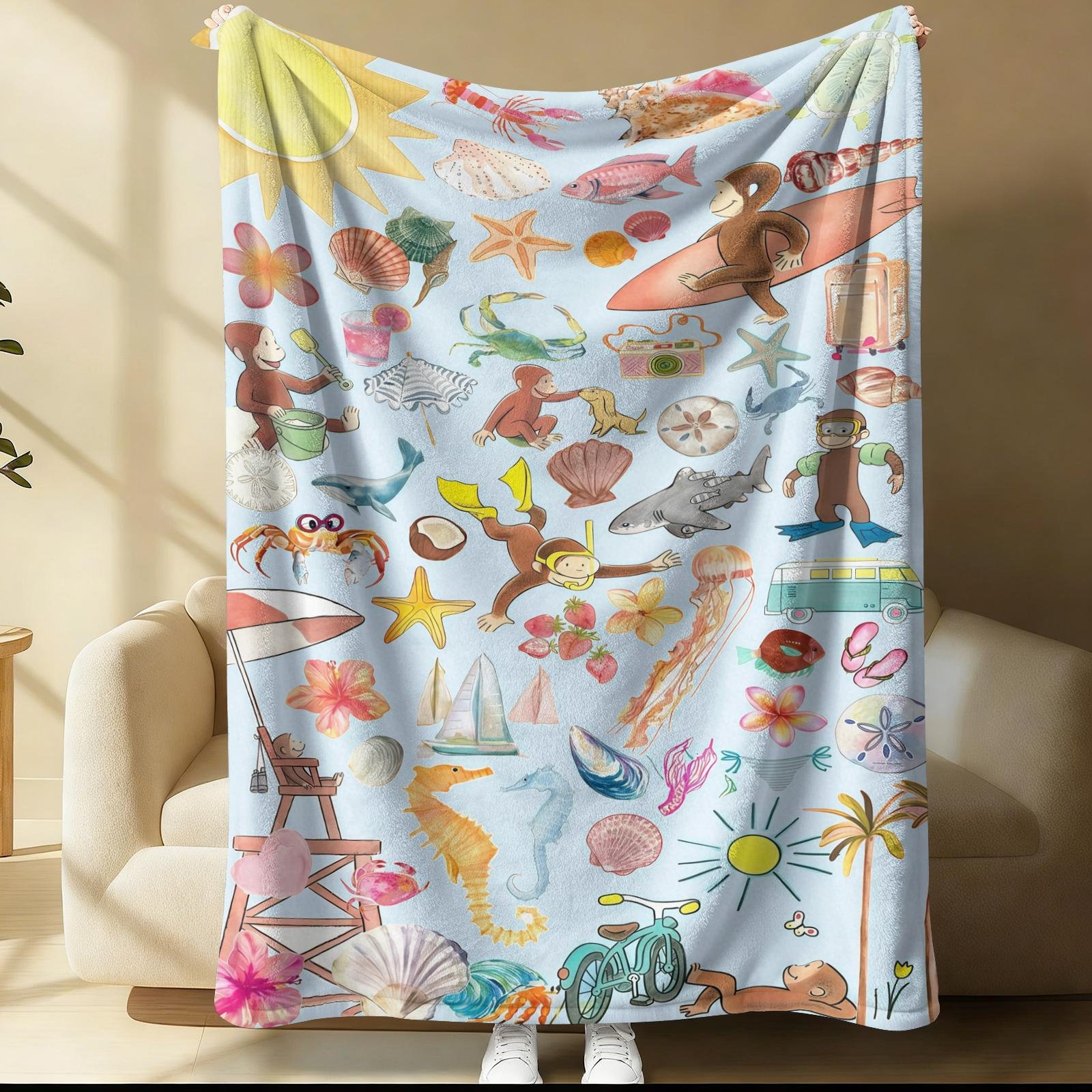 Curious George Lightweight Throw Blanket, Cute Cartoon Monkey Collage Summer Beach Nap Blanket, Soft Flannel Fleece Blanket for Office Couch Bed Travel, Ideal Gift for Curious George Fans Kids Teens Adults