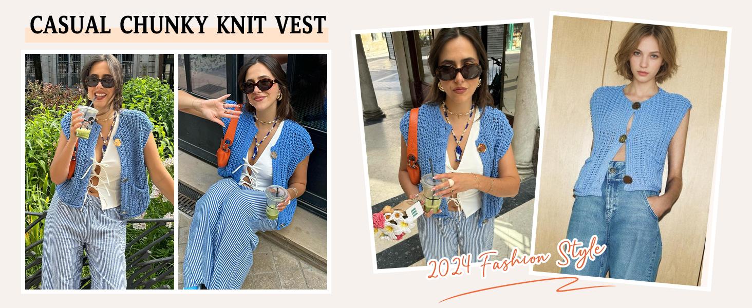 Tanming Womens Crochet Chunky Knit Top Sleeveless Button Down Crop Tops Trendy Cardigan Sweater Vest for Women with Pockets