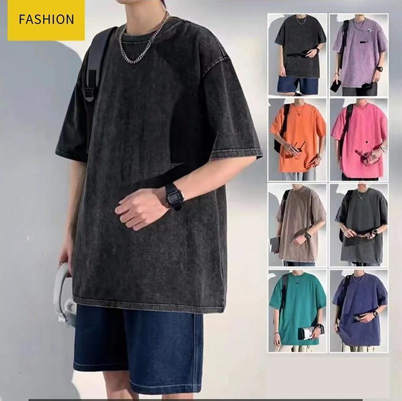 Men's 3-Pack Streetwear Cotton Short-Sleeve Tees - Plain Round Neck, Oversized Washed Retro, Unisex Hip Hop Harajuku Casual Summer Regular Fit Tops
