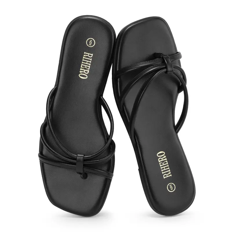 Rihero Women's Elegant Square Toe Thong Flip Flops - Breathable Slip-On with Cushioned Footbed, Beach Slides Sandals, Commute Sandals, Footwear for Beach, Shoes for Women (Summer Back to School Use)