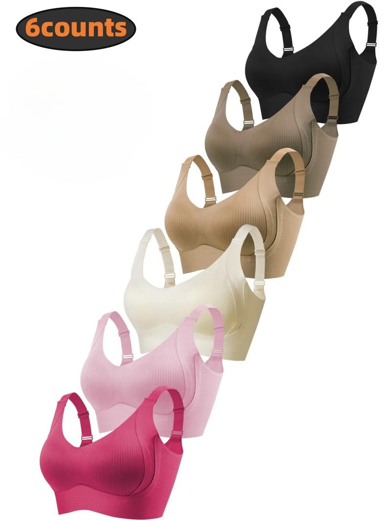 5/6Pack Solid Color Push Up Wireless Bra, Comfortable Breathable Lingerie For Everyday Wear