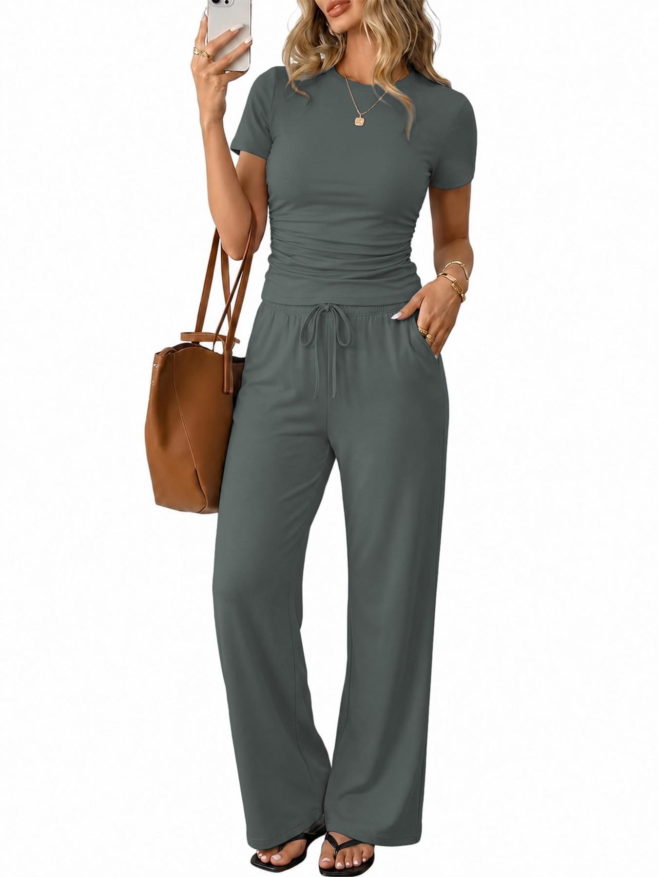 Summer 2 Piece Set for Women, Ruched Short Sleeve Tops, Wide Leg Pants with Pockets, Drawstring, Adjustable, Casual Tracksuit, Ladies Loungewear, Clothes