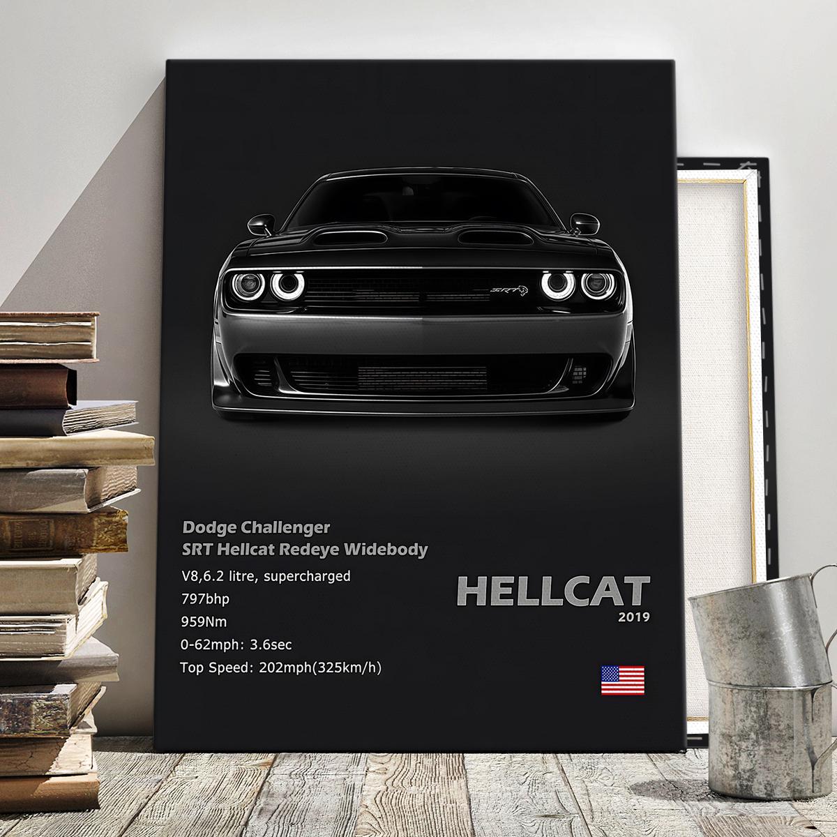 1 Count wooden frame canvas, Dodge Challenger SRT Hellcat poster, Cool car pattern decoration, Fashion Art Hallway Office Mural, Exquisite poster Home Decoration, Ideal Gift, HD, waterproof art, Wooden Wall Art