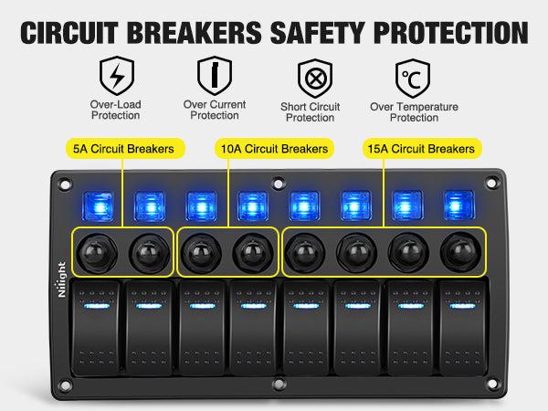 Nilight 8-Gang Pre-Wired Waterproof Rocker Switch Panel - 8-Gang Setup, Resettable Circuit Breakers (5A,10A,15A), LED Backlight, 3-Pin 12V-24V ON-Off Toggle Switches, Screw Included, Easy Installation, for Most DC 12V-24V Cars, Caravan, Marine Boat