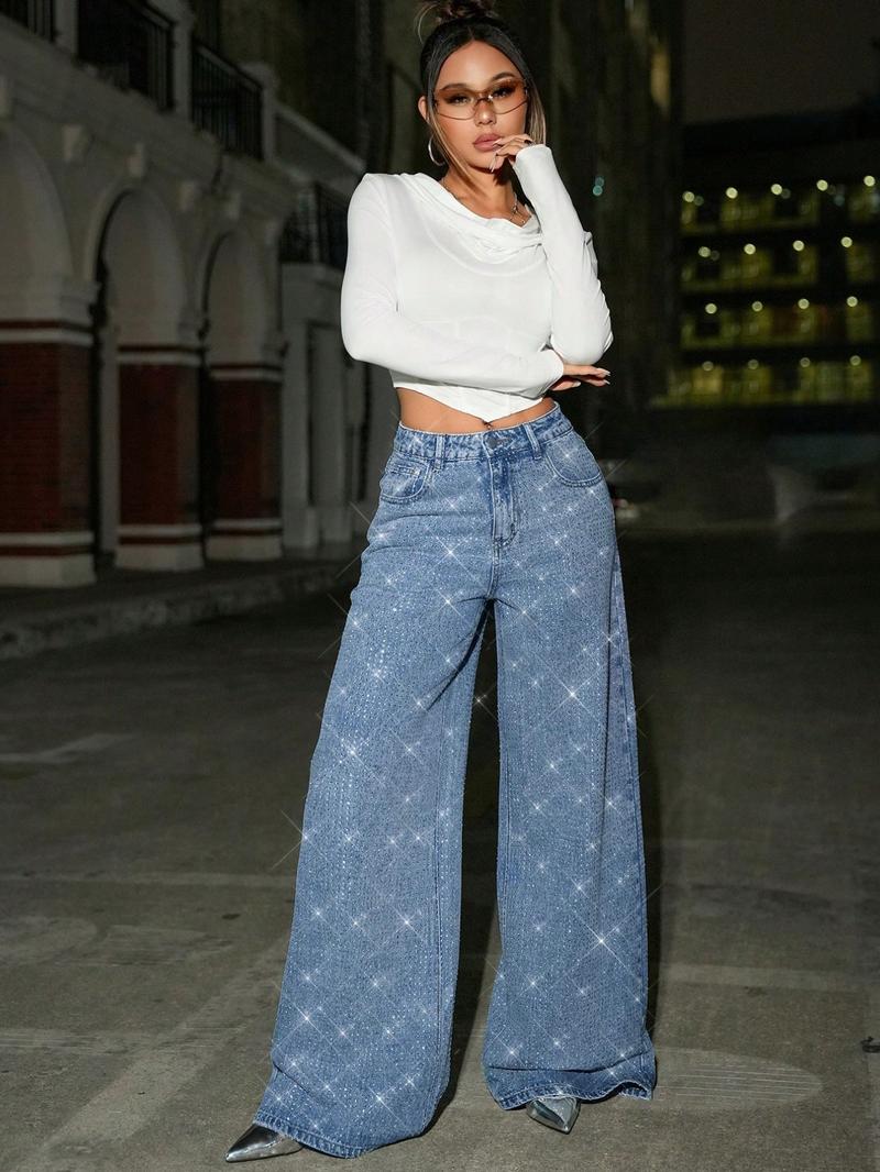 Women's Fashion Denim Trendy Wide Leg Comfortable Rhinestone Design Elegant Long Pants, Fitted Plain Style, All Seasons