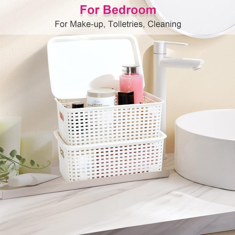 6-Piece Set of Plastic Storage Baskets with Lids (Black/White/Gray) — Stackable Decorative Organizer Bins for Shelves, Drawers, Desktops, Closets, Playrooms, Classrooms, and Offices