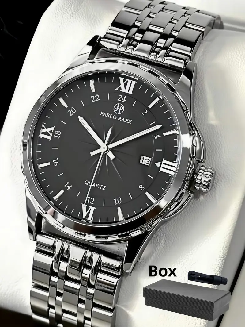 Men's Business Fashion Round Dial Analog Quartz Stainless Steel Watch, Fashion Watch for Party, Daily Clothing Decor, Trendy All-match & Exquisite Watch for Birthday Gift with Box