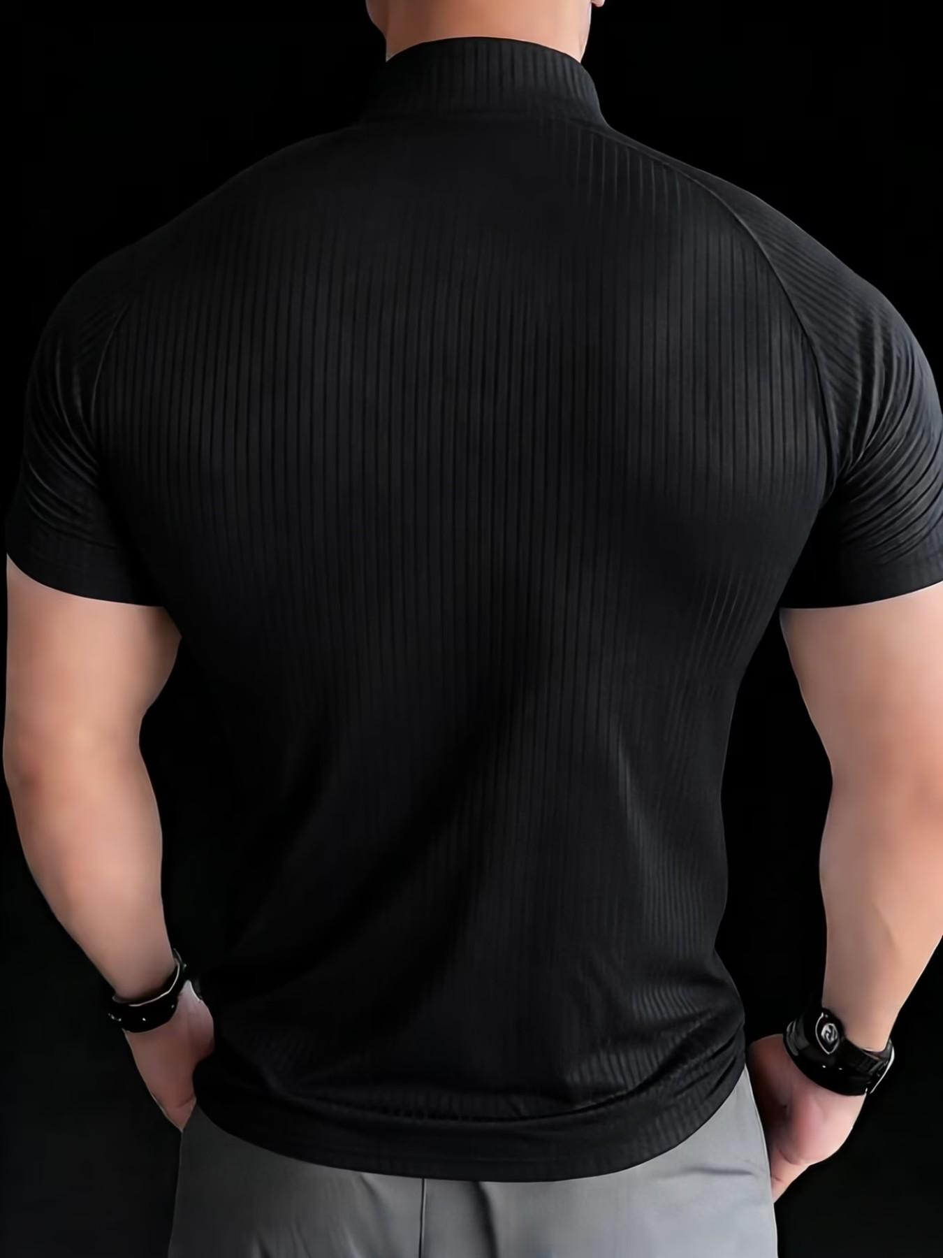 Men's Slim Fit Short Sleeve Quarter Zip Polo Shirt, Quick Dry Breathable Ribbed Sports T-Shirt, Gym Fitness Running Casual Wear