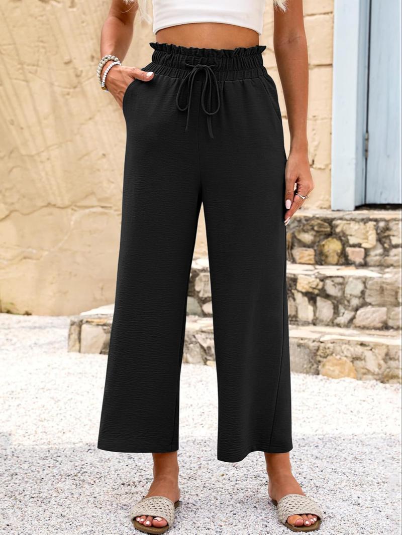 Women's Comfy Drawstring Casual Palazzo Pants, High Waist Cropped Lounge Trousers with Pockets, Fitted Organic Textile, All Seasons, Casual Fashion Trousers