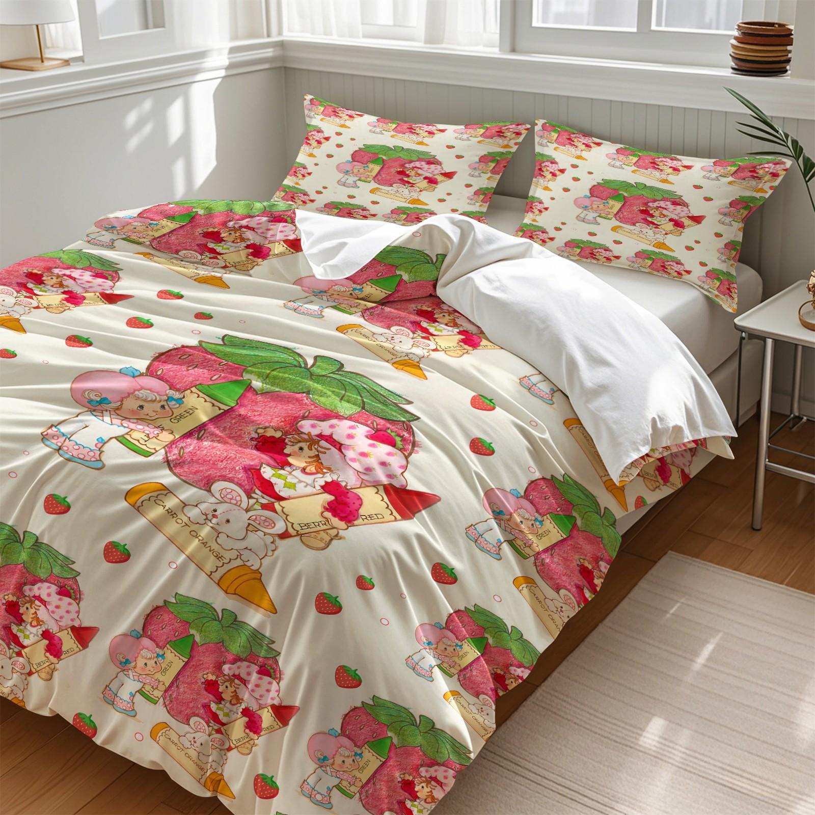 Vintage Strawberry Girl Cartoon 3-Piece Duvet Cover Set, Ultra-Soft Microfiber Bedding with 2 Pillowcases, Cute Kawaii Style Bedding for Kids Girls Bedroom Dorm Decor