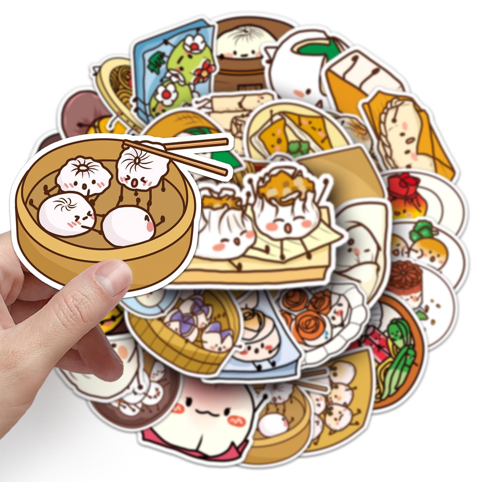 50 Pcs Food Stickers Set, Waterproof PVC Chinese Breakfast Stickers, Cute Cartoon Dumplings Baozi, for Phone, Mug, Notebook, DIY Gift Decor, Phone Decoration, Illustration Stickers