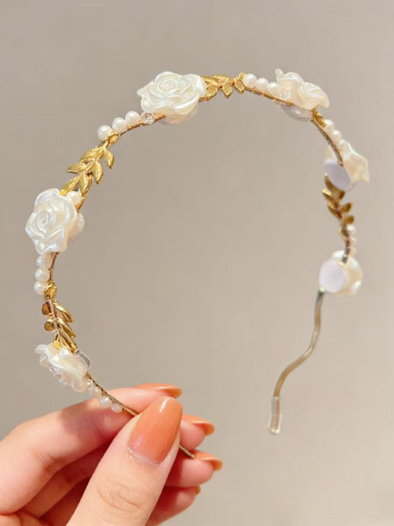 2 Pcs Vintage Rose & Pearl Hairbands, High-Quality Alloy Material, Unique Crown Design, Elegant Floral Pattern, All Seasons Headwear