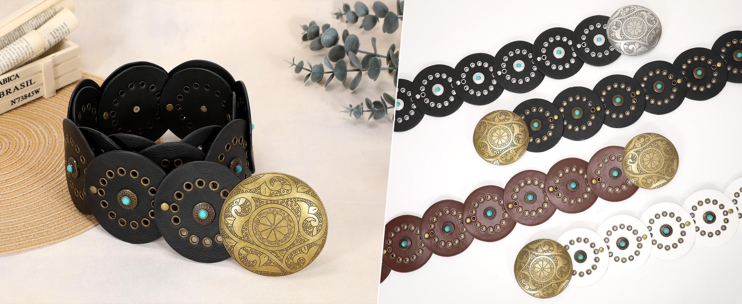 JASGOOD Women Western Concho Belts Wide Hollow Disc Leather Belt Cowgirl Boho Belt for Jeans Dresses with Metal Buckle Halloween